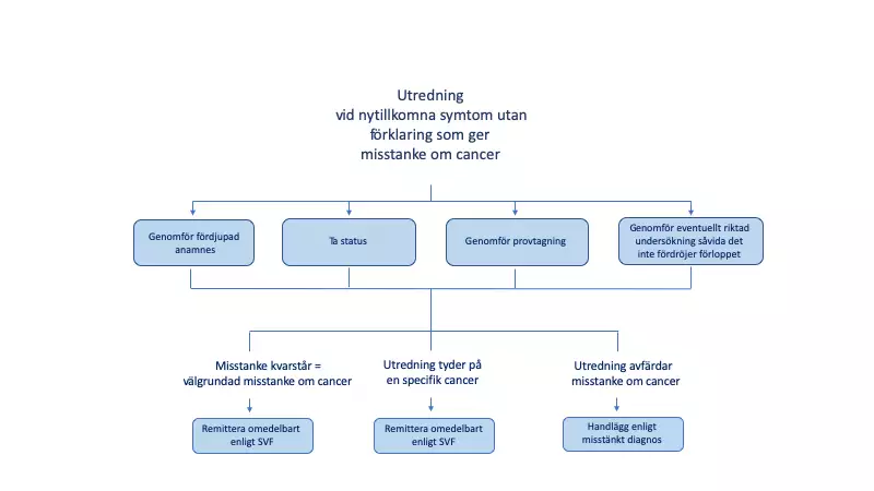 Flödesschema för utredning vid nytillkomna symtom utan förklaring som ger misstanke om cancer.