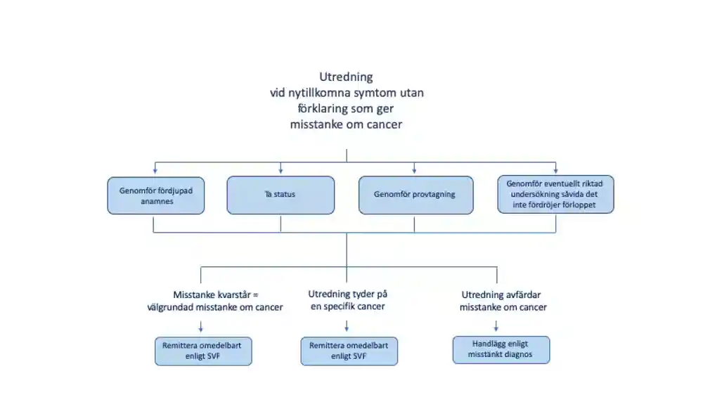 Flödesschema för utredning vid nytillkomna symtom utan förklaring som ger misstanke om cancer.