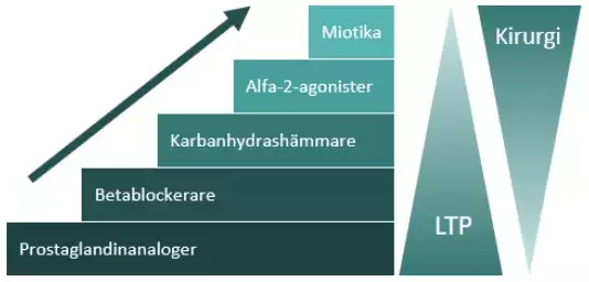 Figur 2. Behandlingstrappa. Schematisk bild av successiv ökning av farmakologisk behandling med ögondroppar, men sällan/aldrig alla typer och inte alltid i bildens ordning. LTP och kirurgi kan förekomma i alla stadier. LTP utförs vanligtvis tidigt i behandlingsarsenalen, även som förstahandsbehandling. Kirurgi görs oftast först vid progress trots tidigare behandling med laser och droppar.